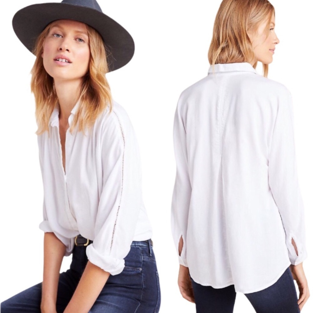 NWT ANTHROPOLOGIE CLOTH & STONE White Tencel Eyelet Landry Button Down Shirt XS